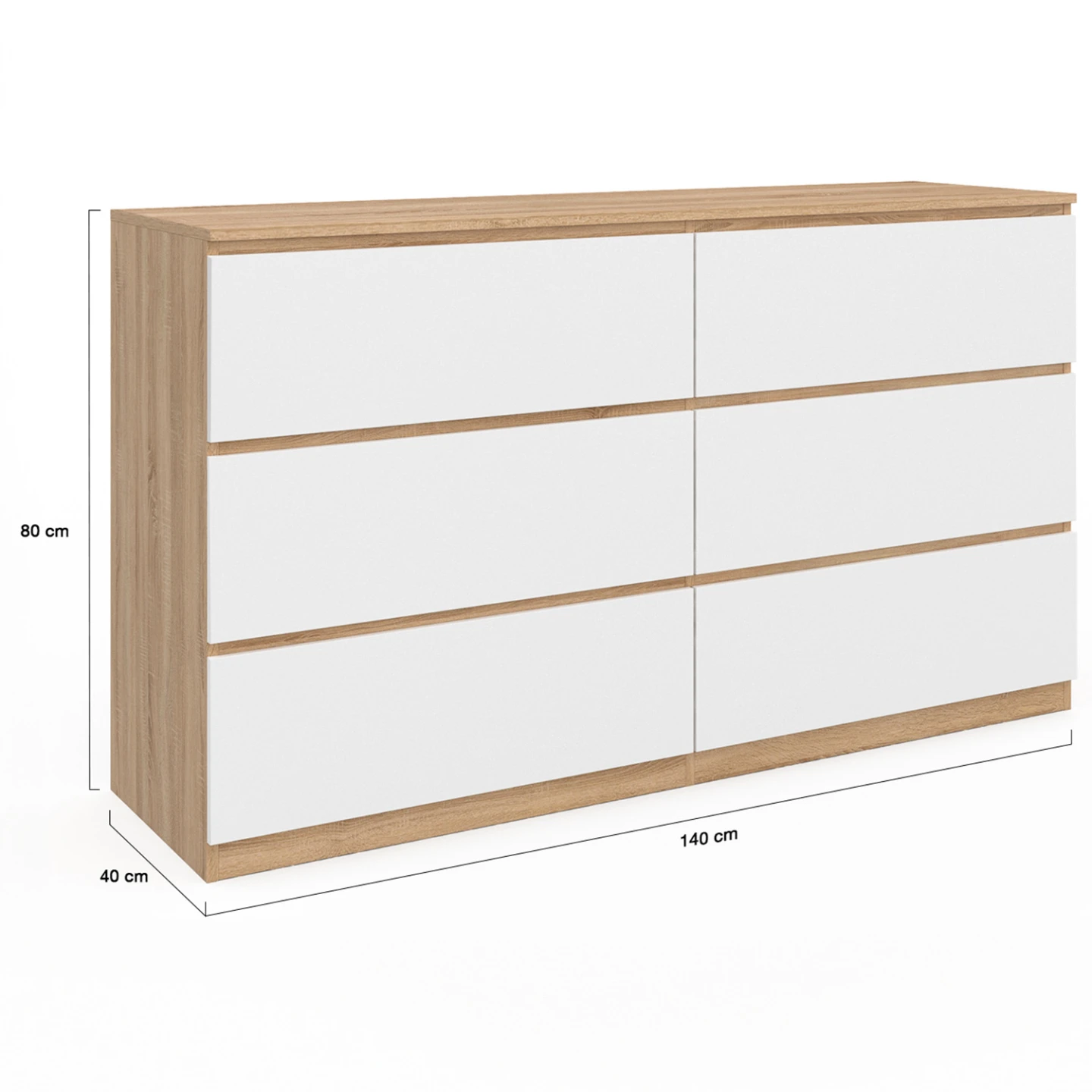 Commode 6 tiroirs TOMI XXL 140 cm bois façon hêtre et blanc