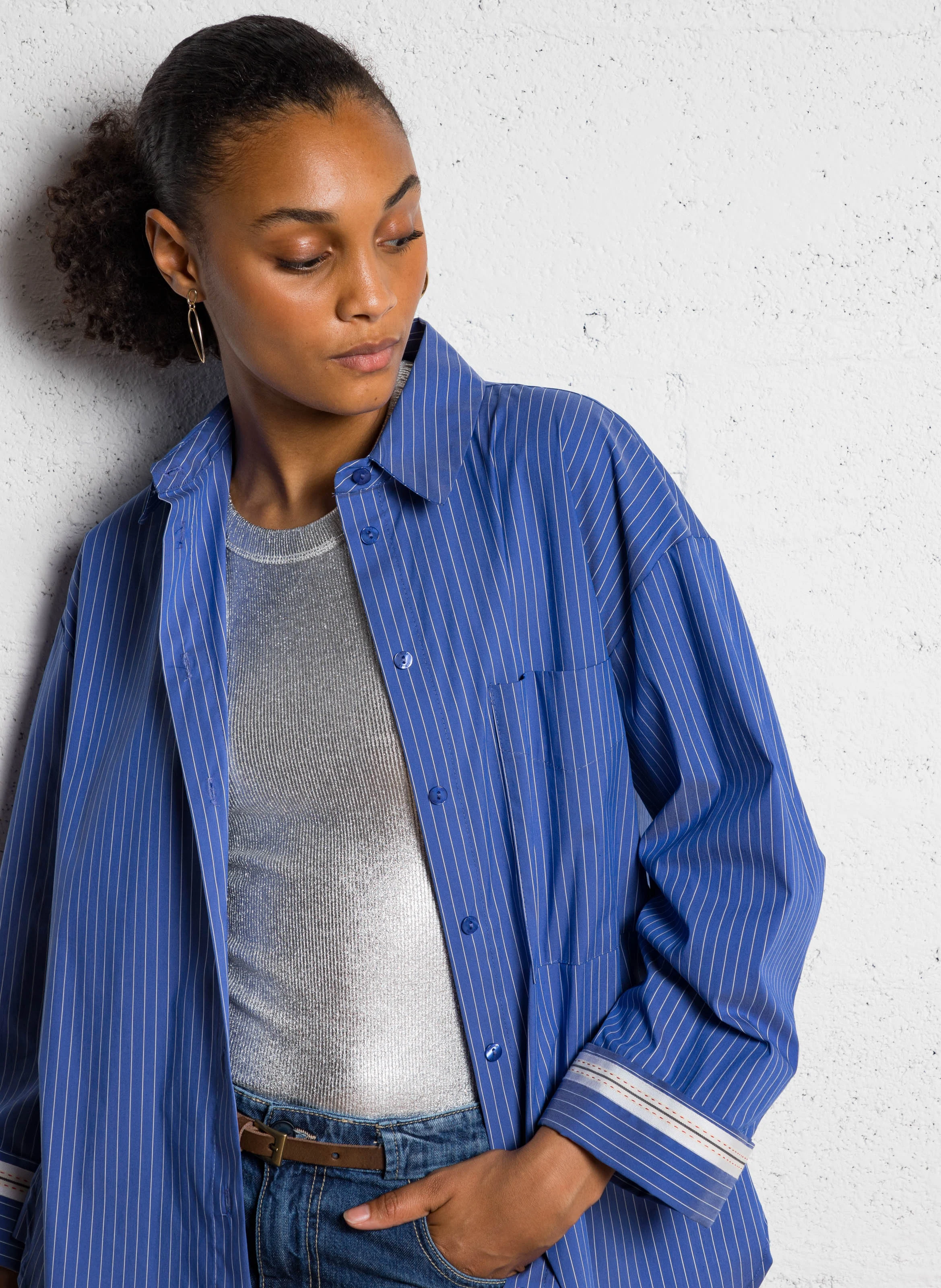 Chemise col classique rayée en coton mélangé | Bleu