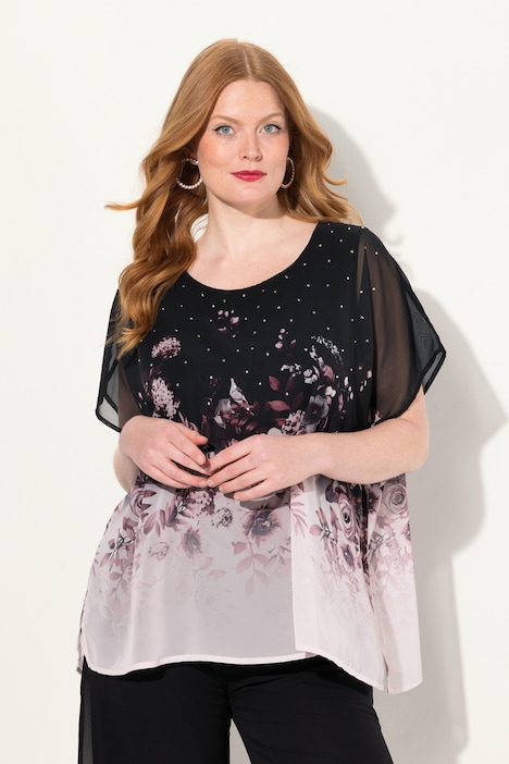 Blusenshirt, oversized, Chiffon mit Blüte, Jersey