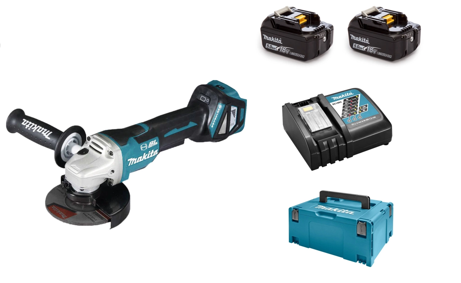 Makita DGA517RTJ 18V Li-Ion Accu haakse slijper incl. ADT set (2x 5.0Ah accu) in Mbox - 125mm - koolborstelloos