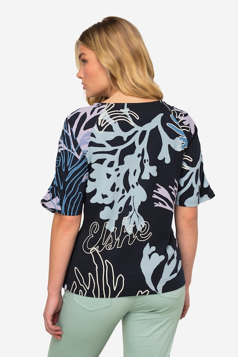 T-Shirt, Korallen-Print, Rundhals, Halbarm mit Raffung