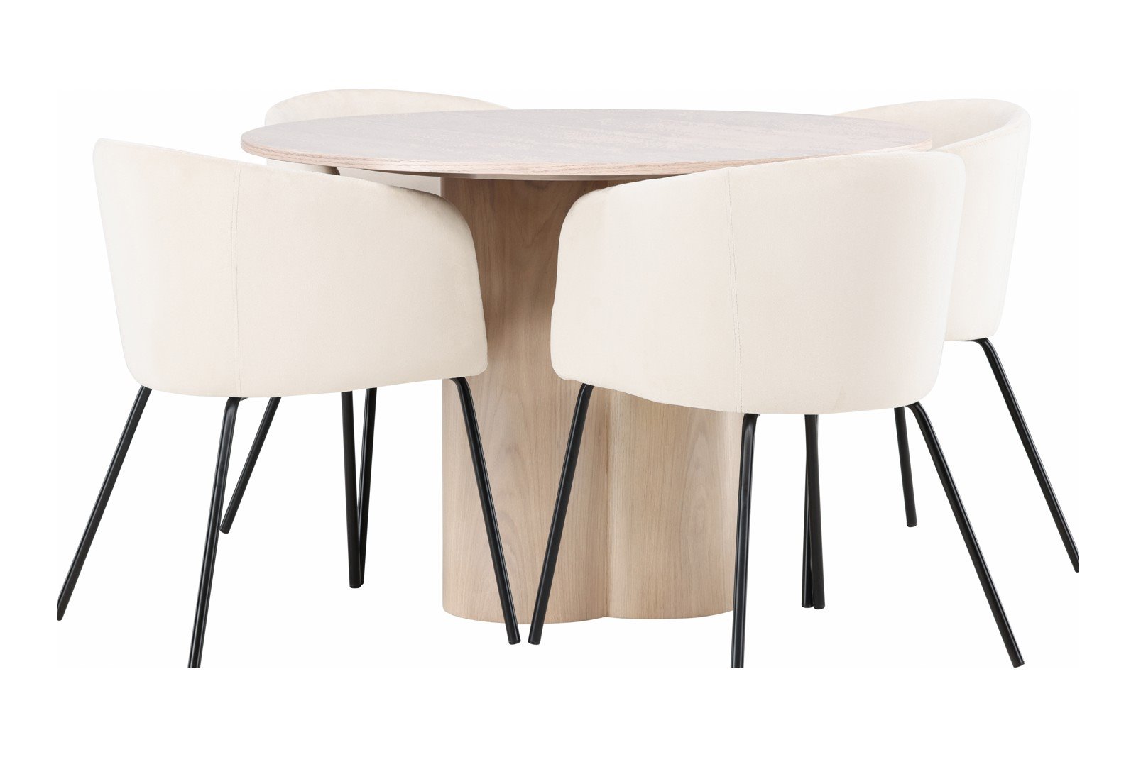 Olivia og Berit Spisegruppe Olivia rundt spisebord Ø110 cm i hvitlasert finer med 4 stk. Berit med arm spisestoler i Beige med arm spisestoler i sorte ben.