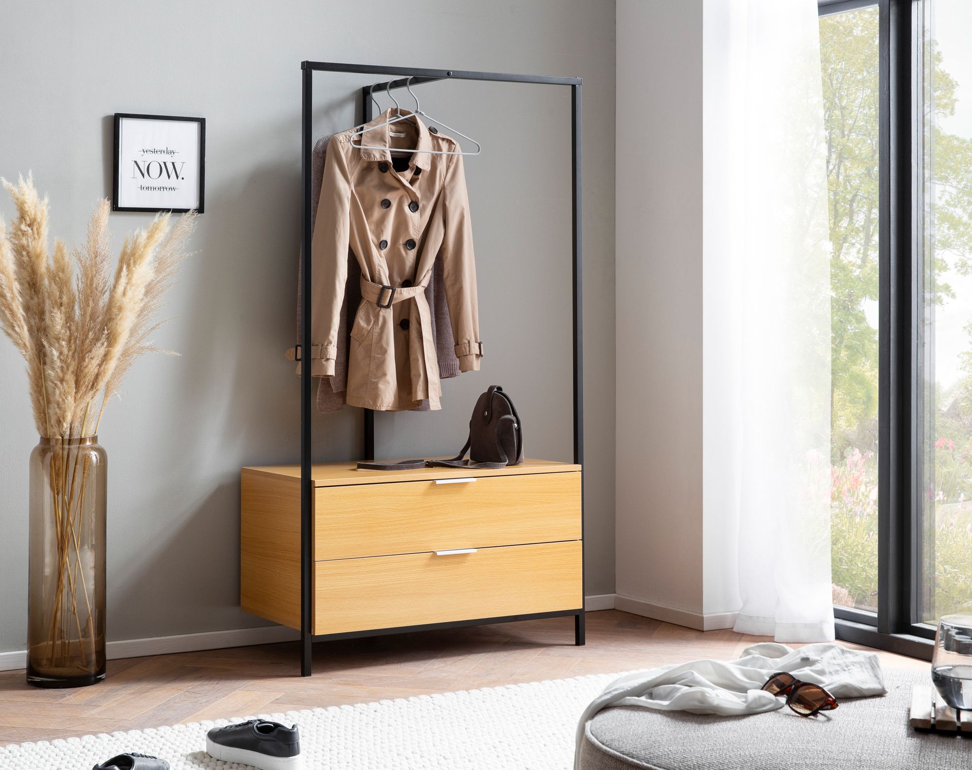 Garderobe FineBuy Kleiderschrank Eiche 152 cm Schubläden Kleiderstange Flur