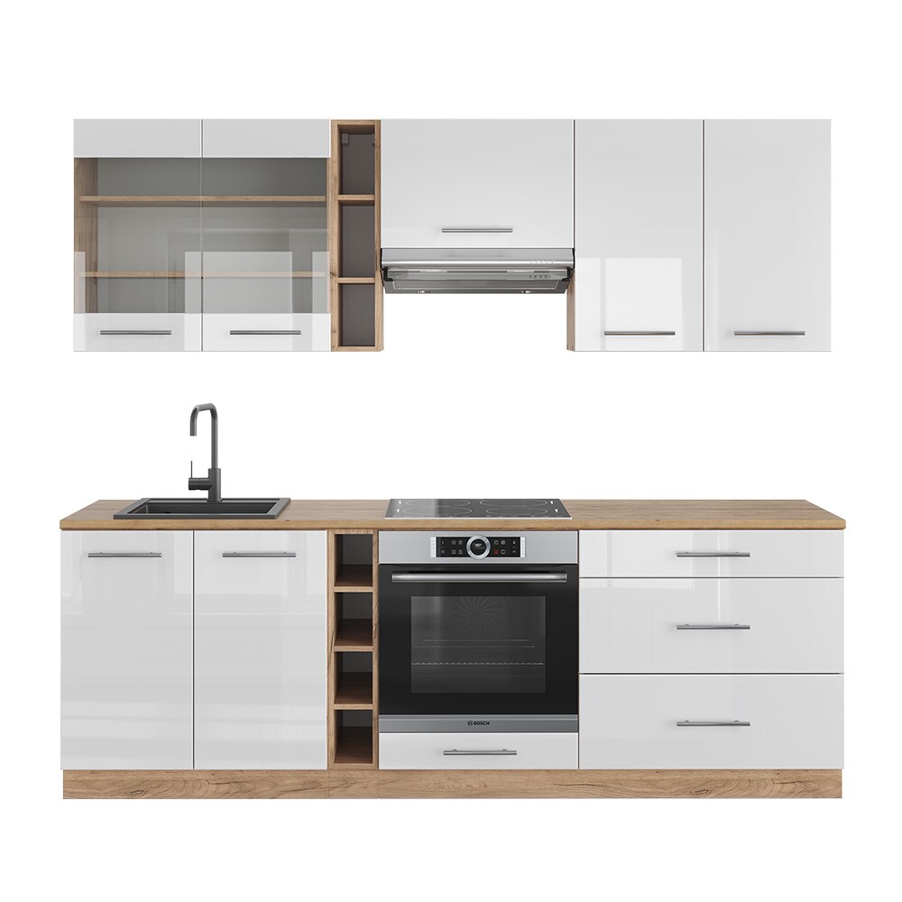 Vicco Küchenzeile Küchenblock Einbauküche Fame-Line Eiche Weiß 235 cm modern Hochglanz Küchen Schränke Hängeglasschrank Hängeschrank Schubladenunterschrank Spülenunterschrank Herdumbauschrank