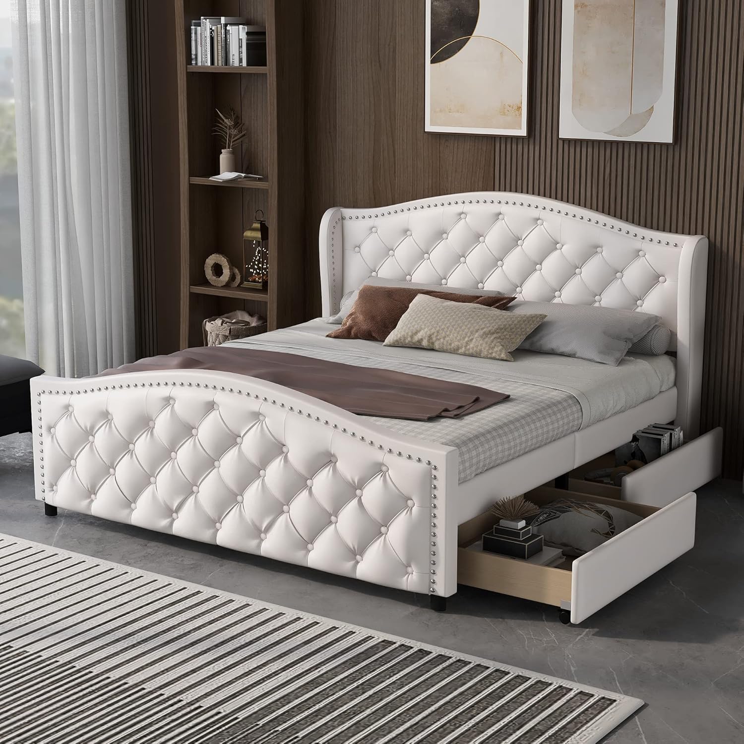 Kayan Polsterbett 140 x 200 cm - Bett mit Lattenrost, 2 Schubladen und Kopfteil mit Zugpunktnieten – Holz & Kunstleder - Weiß – Jugendbett Gästebett