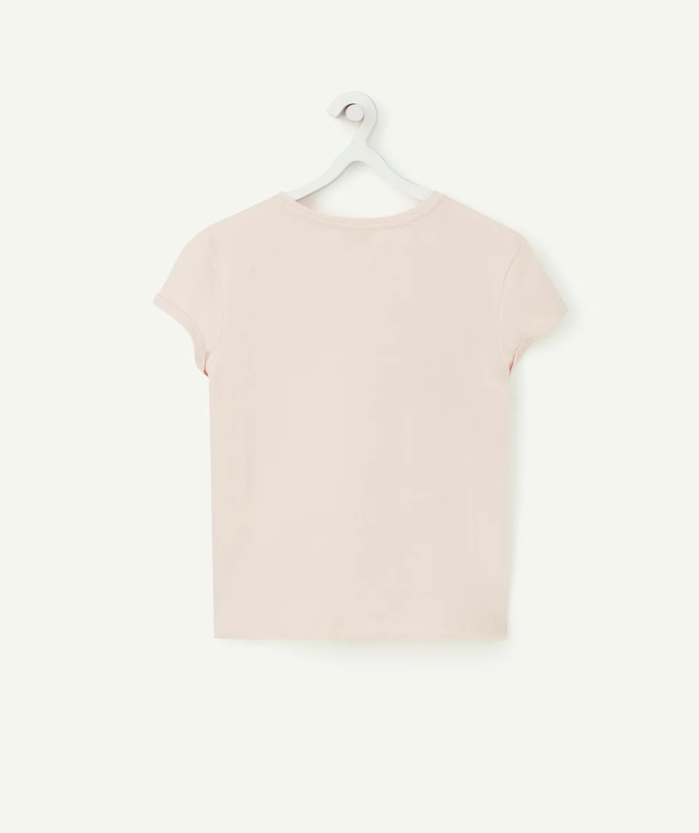 T-SHIRT FILLE EN COTON BIO ROSE AVEC COEUR À SEQUINS