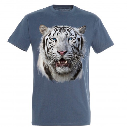Camiseta azul e branca com estampa de cabeça de tigre