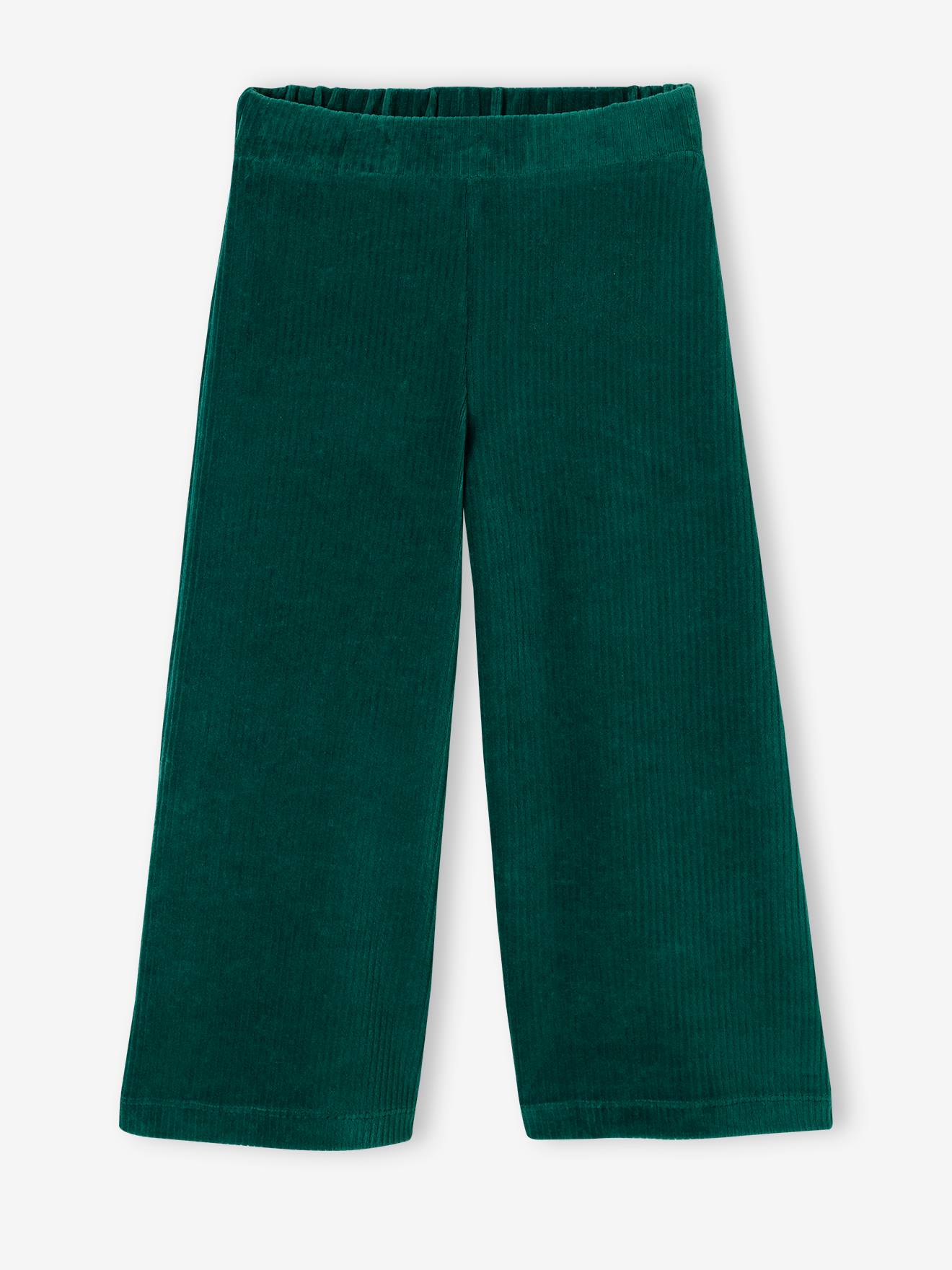 Calças de veludo cotelê de pernas largas, cor marrom médio lisa, para meninas.