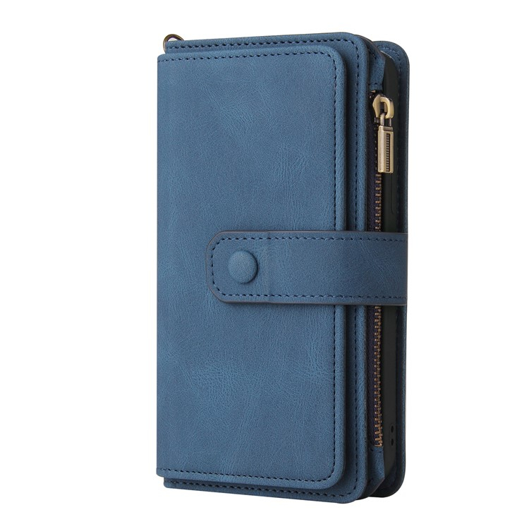 iPhone 16e Leder Tasche Flip Cover Kartenfächer mit Druckknopfverschluss   Handschlaufe - Blau