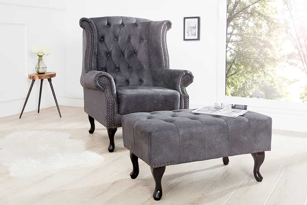 Chesterfield Ohrensessel antik grau Microfaser mit Knopfheftung