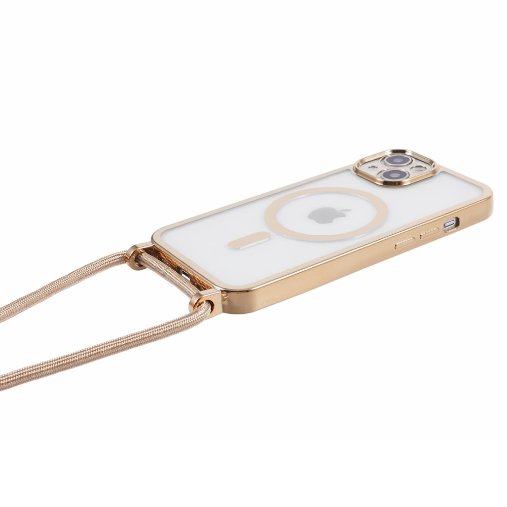 iPhone 15 MagSafe Necklace Gummi Case Hülle Galvanisierter Rahmen mit Handykette (160cm)   Kameraschutz - Gold / Transparent