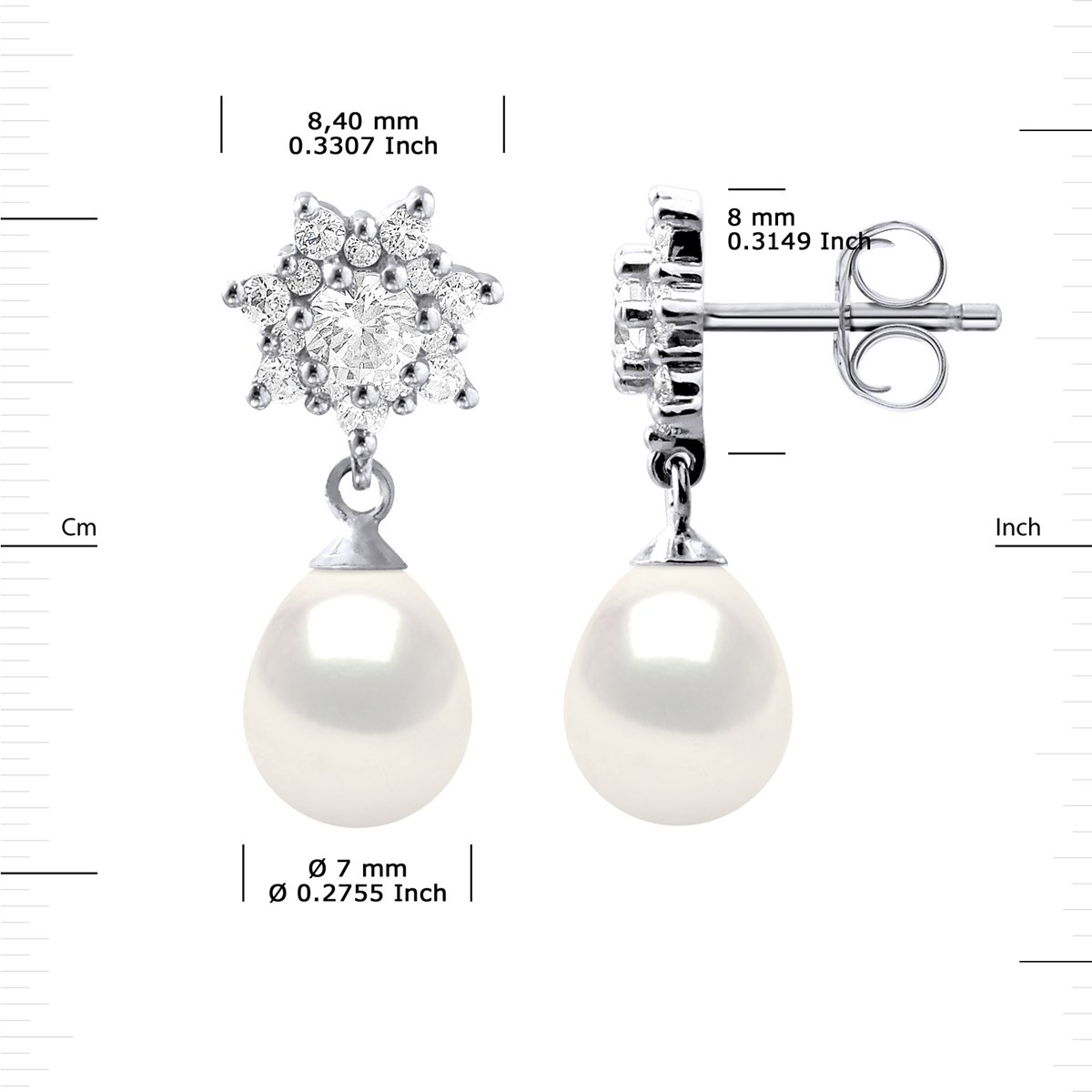 Boucles d'Oreilles Pendantes Perles d'Eau Douce Poires 7-8 mm Blanches Joaillerie Argent 925
