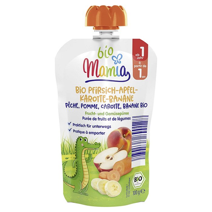 MAMIA BIO Bio-Quetschbeutel 100 g, Apfel-Pfirsich-Karotte-Banane