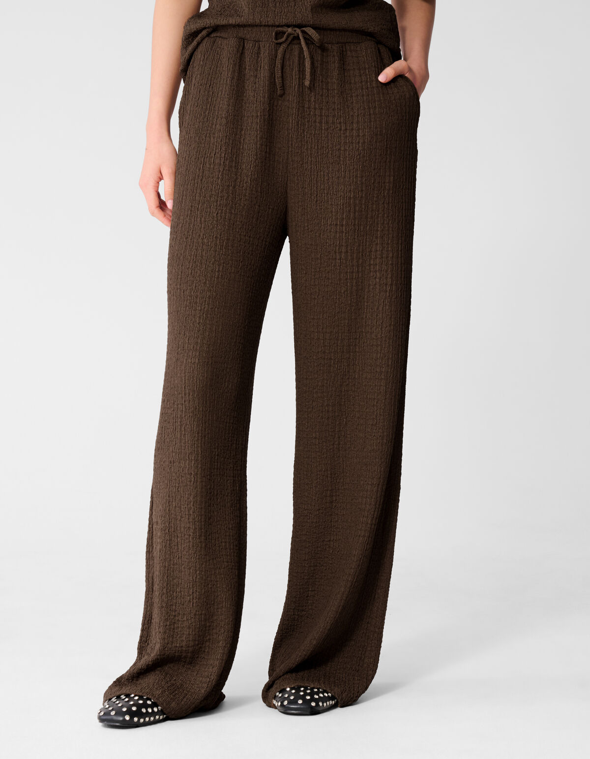 Crinkle Wide Leg Fit Broek Bruin
