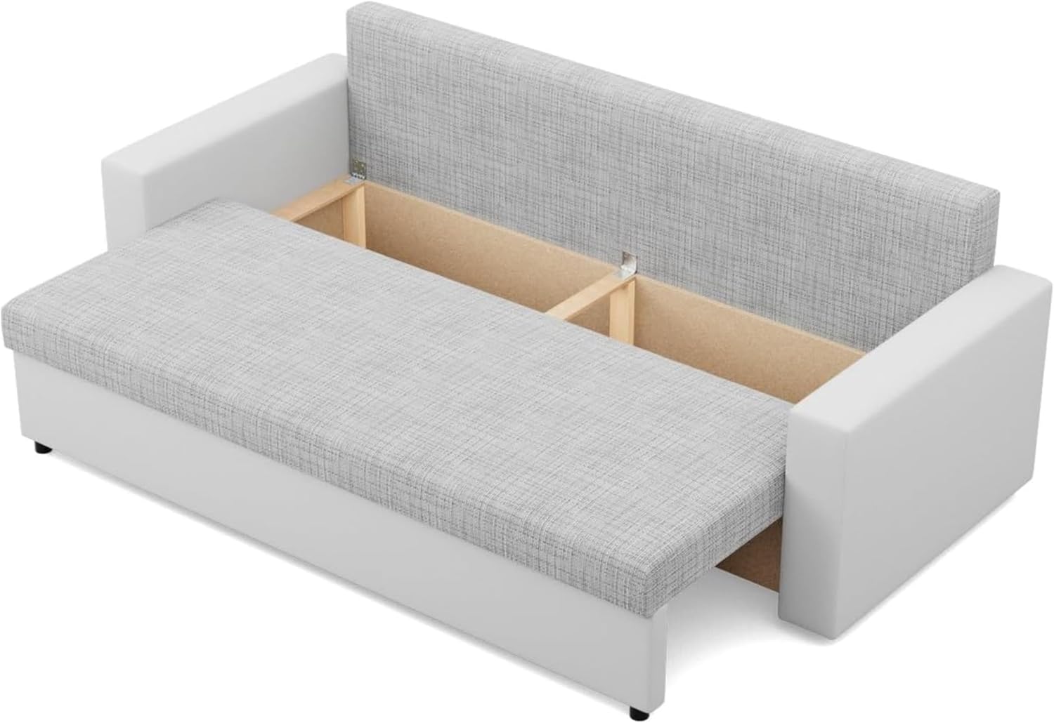 Mebligo - Sofa Dreisitzer Wohnzimmer mit Schlaffunktion, Bettkasten und Kunsteleder 220x92x92 (BxHxT) Grau und Weiß Luna, Schlafsofa Platzsparend, Schlafcouch, Sofabett, Sofa Bed, Bettsofa