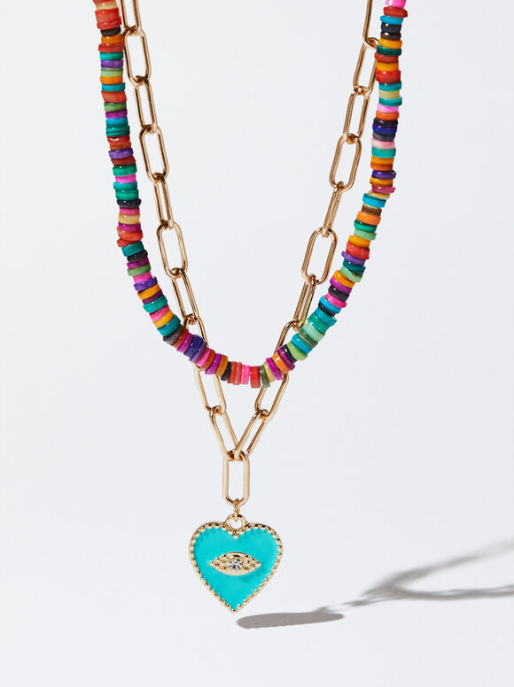 Conjunto de colares com concha e coração - Multicolorido