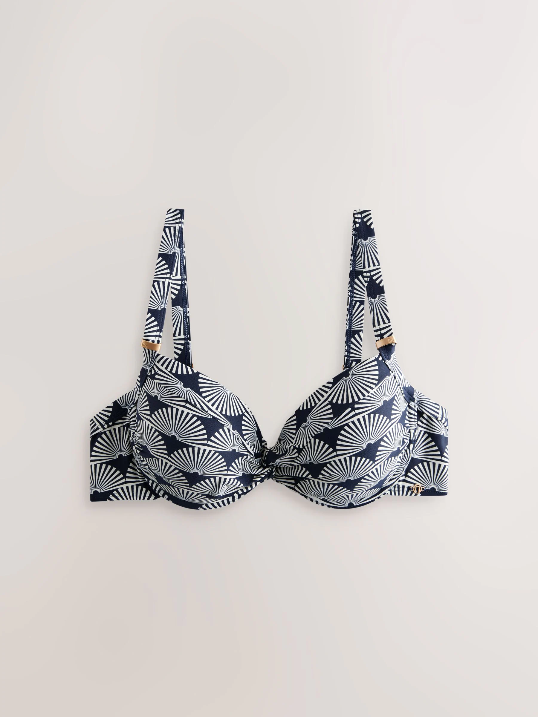 Marineblauw/wit met waaierprint - Buikcorrigerende bikinitop met vulling en beugel