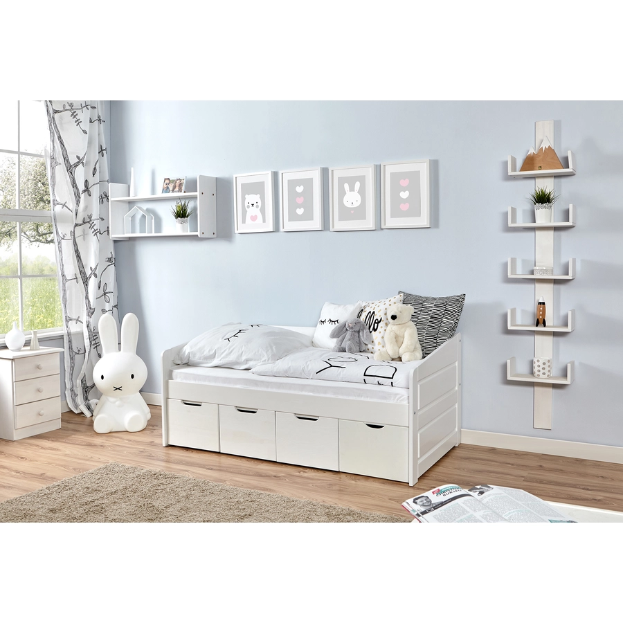 TiCAA Sofabett Mini Micki Buche weiß mit 4 Schubladen inkl. Matratze