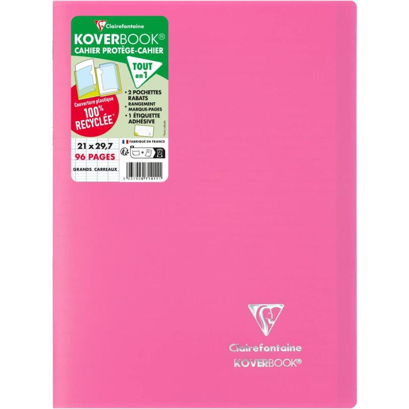 Cahier piqué Koverbook A4 96 pages grands carreaux couverture polypropylène opaque 100% recyclé - Assortis