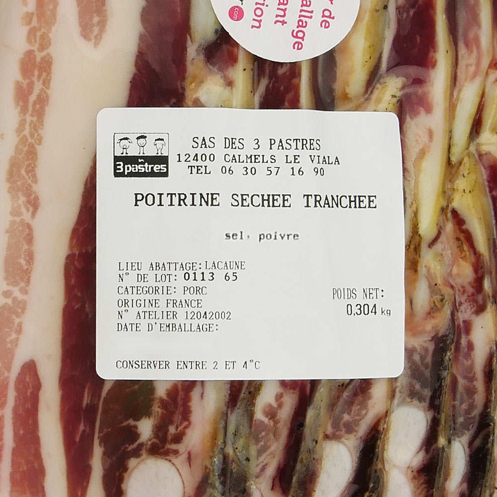 Poitrine séchée tranchée d'Aveyron sans nitrites