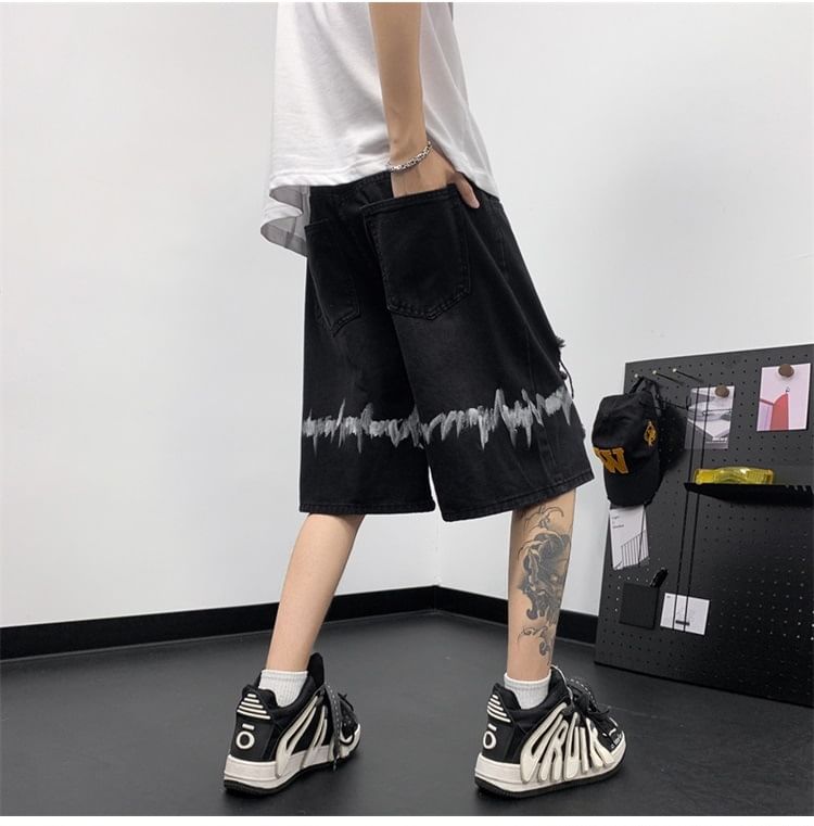 Hushgrain - Mid Rise Print Distressed Washed Denim Shorts