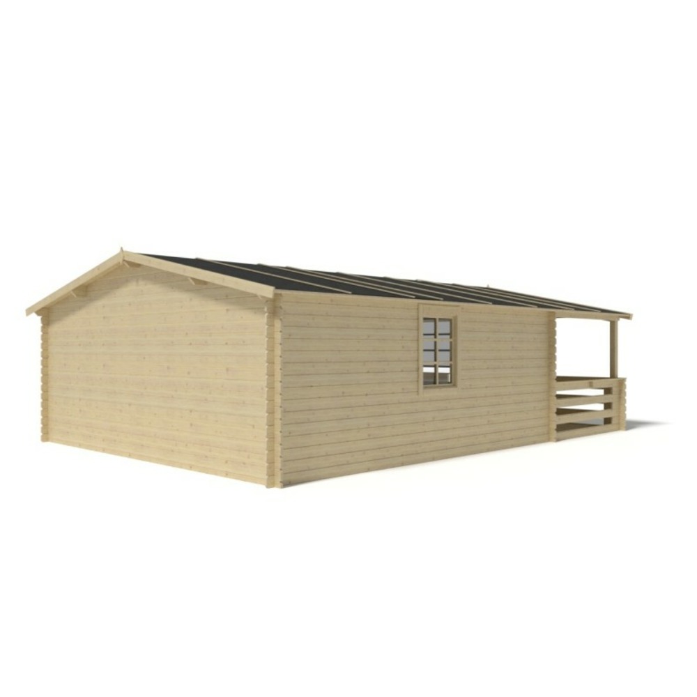 Abri de jardin en bois - 5x5 m - 35 m2 + terrasse avec balustrade et avant-toit en bois