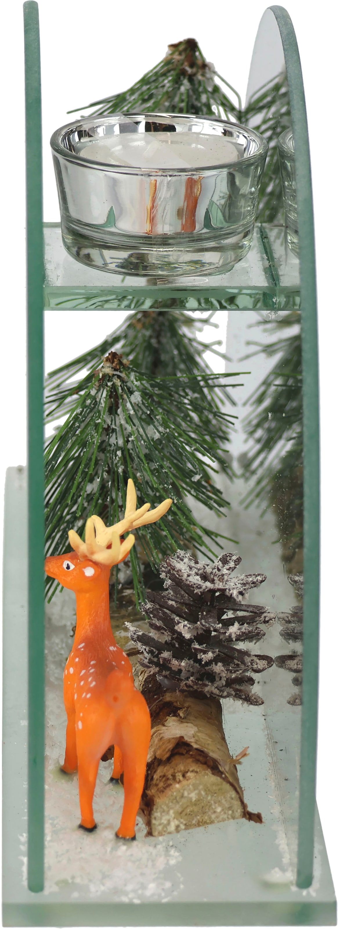 I.GE.A. Teelichthalter »Weihnachtsdeko, Kerzenhalter, Deko-Objekt« aus Spiegelglas, mit Hirsch-Deko in Winterlandschaft, Höhe ca. 15 cm