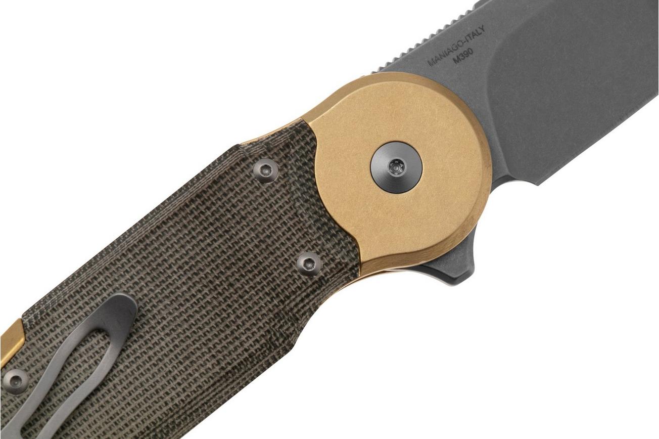 Fox Metamorphosis FX-556-B4 M390 Stonewash Wharncliffe, Green Micarta, Brass bolster zakmes