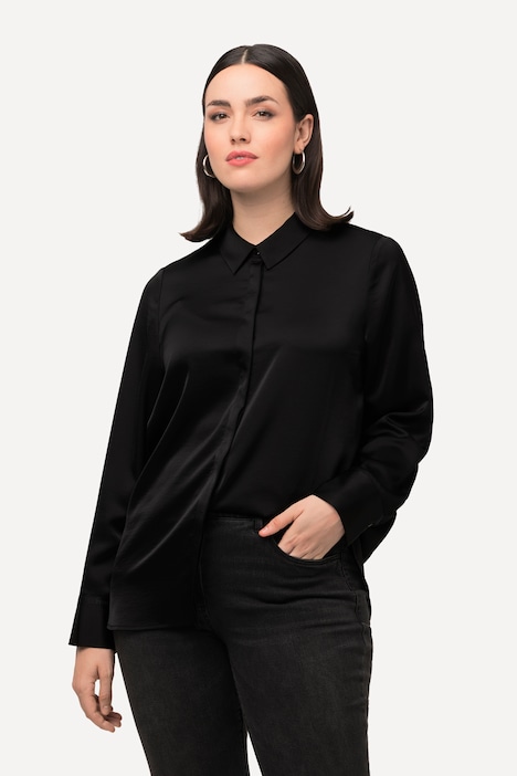 Satin-Hemdbluse, hinten länger, Hemdkragen, Langarm