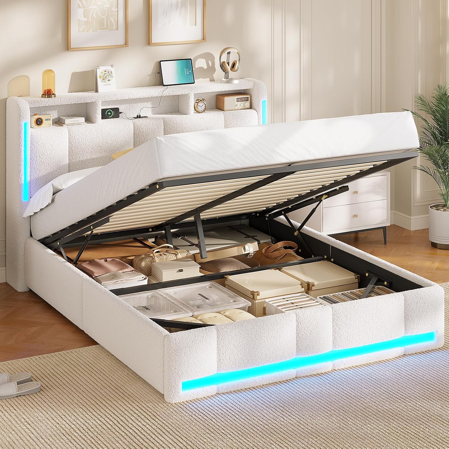 AOGLLATI Polsterbett 140×200 mit Steckdosen & LED Beleuchtung, Doppelbett mit Stauraum Kopfteil & Hydraulischem Stauraum, Bettgestell mit Lattenrost, Jugendbett 140×200, Bouclé, Ohne Matratze, Beige