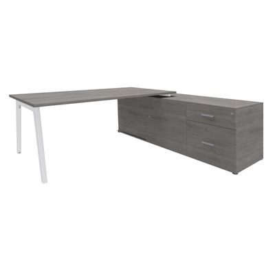 Bureau STEELY Manager - L180 x P100 x H72,5 cm - console retour à droite (2 tiroirs) L200 x P60 x H72,5 cm - pieds blanc - plateau imitation chêne gris