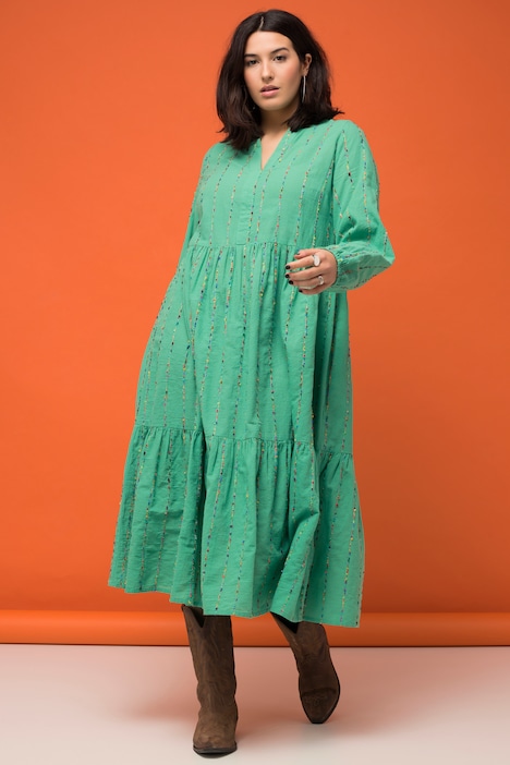 Maxikleid, A-Line, Strukturstreifen, Tunika-Ausschnitt, Langarm