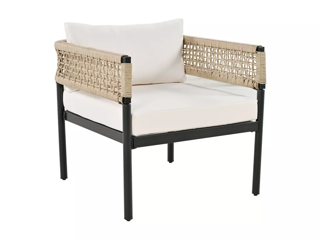 Salon de jardin en fer galvanisé: canapé 2 places + 2 fauteuils + table basse en verre, coussins beige, pieds réglables