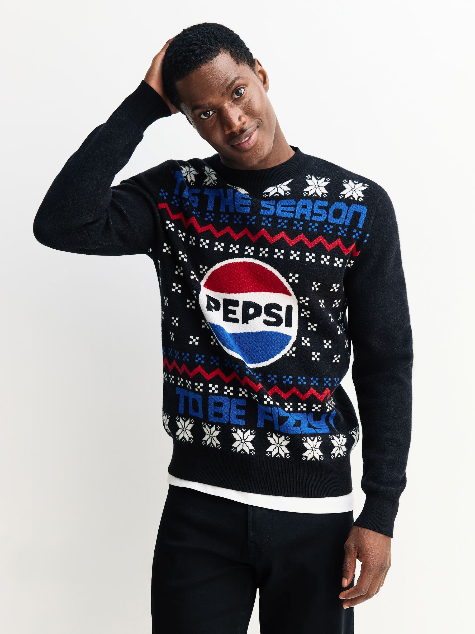 Zwart - Regular Fit Christmas Pepsi Fairisle Pattern Graphic Crew Neck Jumper