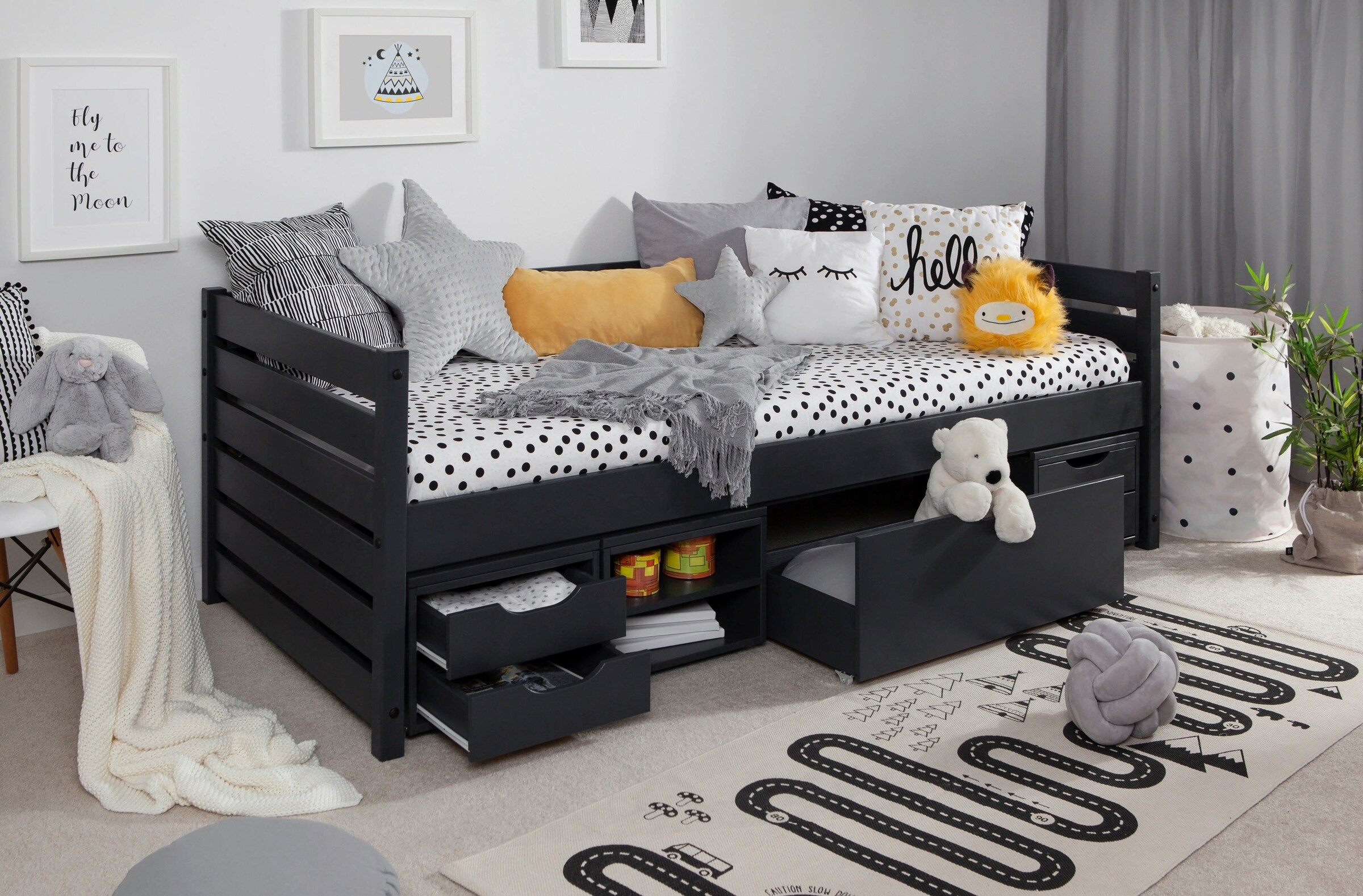 Ticaa Sofabett Naomi inkl. Funktionsschubkästen, 90x200 Grau