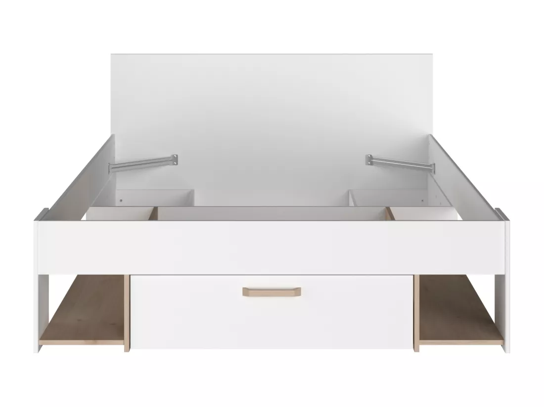 Lit 140 x 190/200 cm avec rangements - Blanc et naturel + Sommier - KINSELIA