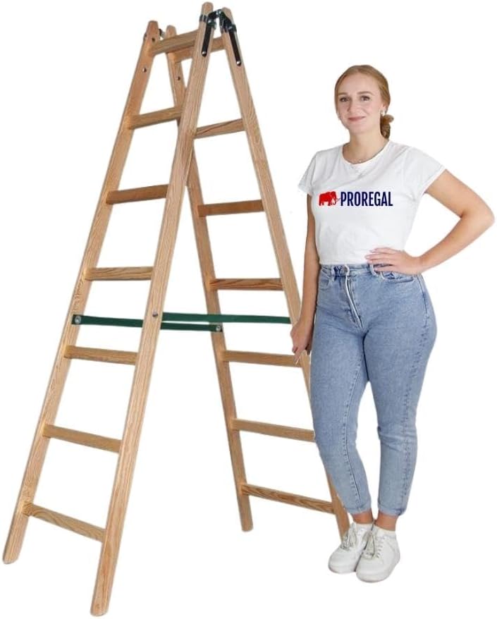 PROREGAL Houten Trapladder Economy Plus, Tweezijdige Toegang, 2 x 7 Sporten, Werkhoogte 3,60 m, Draagvermogen 150 kg