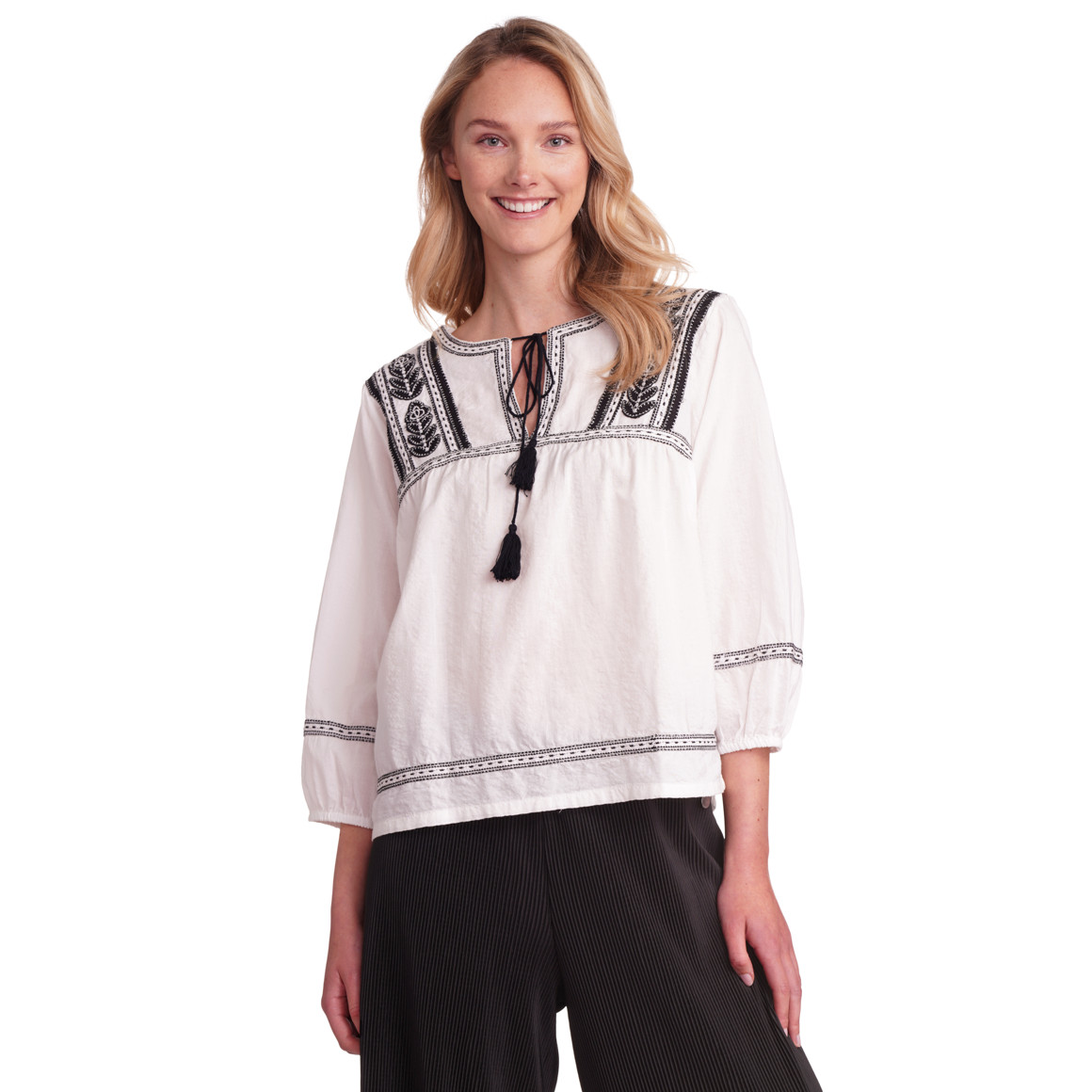 Gina Benotti Damen Bluse mit gesticktem Muster weiss / schwarz