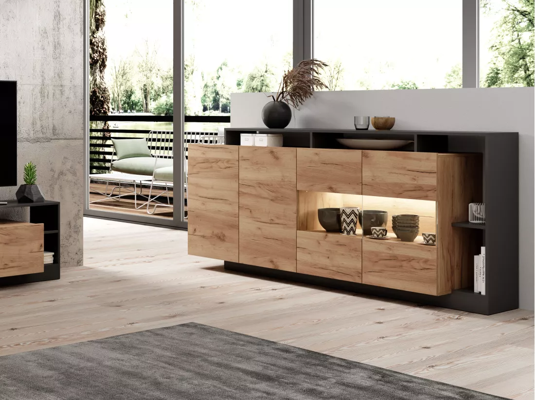 Buffet 4 portes et 4 niches avec LEDs - Naturel clair et Anthracite - IDESIA