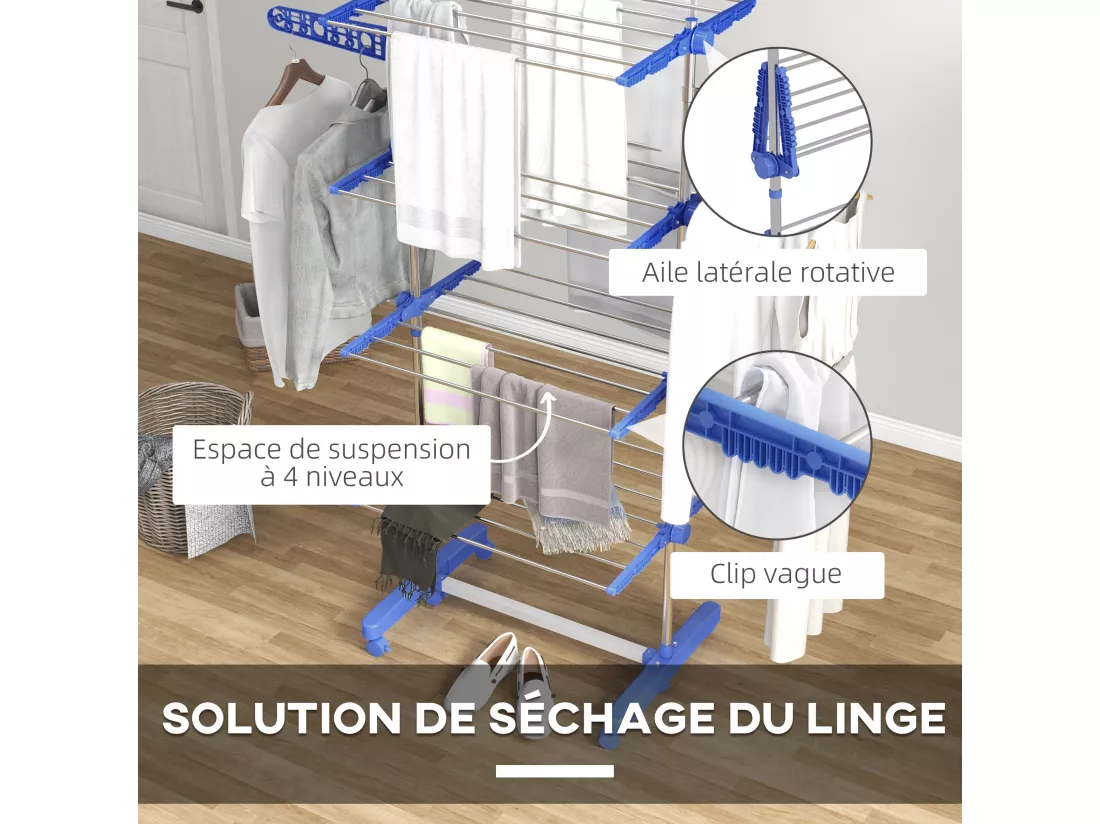 Séchoir à linge étendoir pliable ailes latérales 4 niveaux bleu