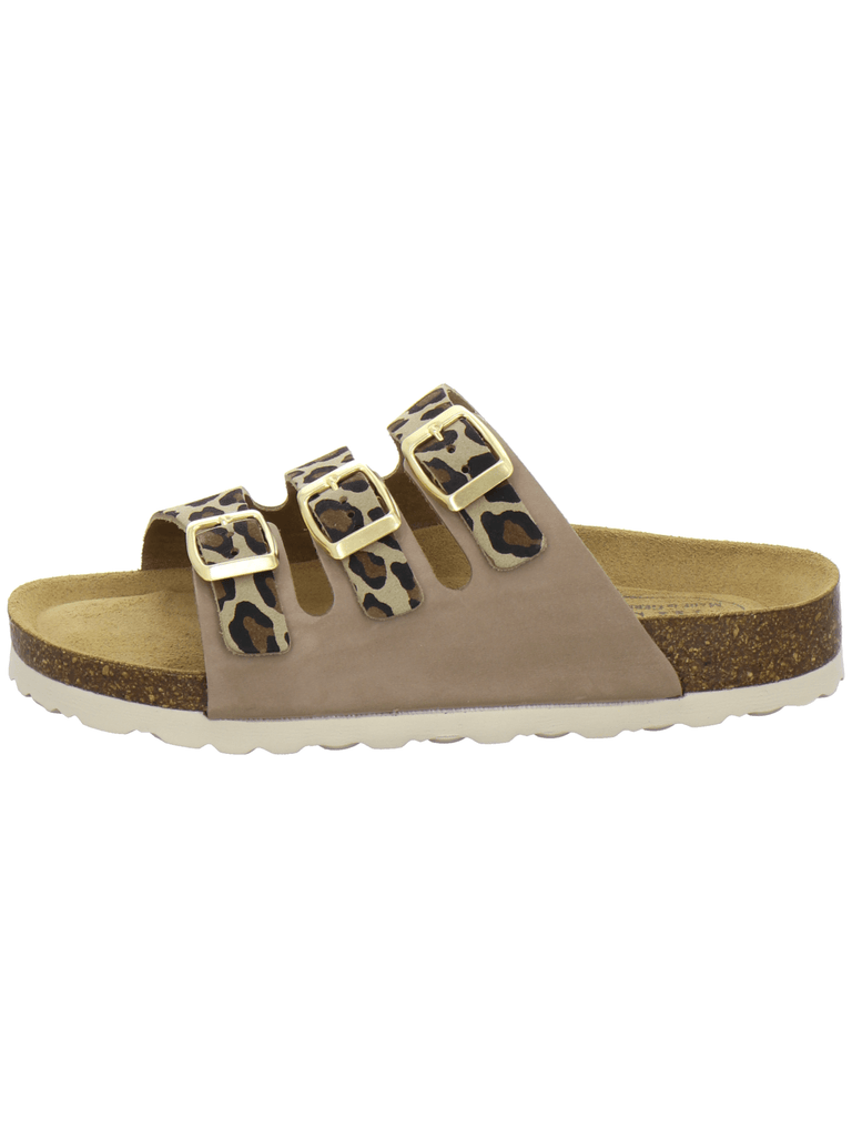 Pantoletten Damen Dreischnaller leo-beige