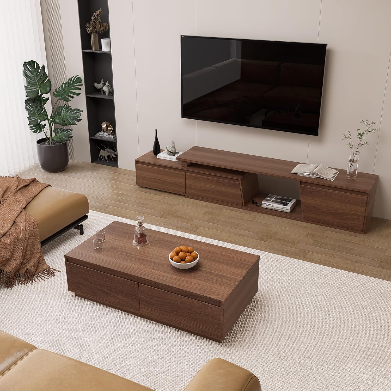 Homary Ausziehbares TV Schrank 180 cm - 280 cm Lang, TV Lowboard Walnuss TV Möbel mit 3 Schubladen, TV-Board für Fernseher bis zu 120 Zoll, Walnuss Moderner Fernsehtisch mit Stauraum für Wohnzimmer