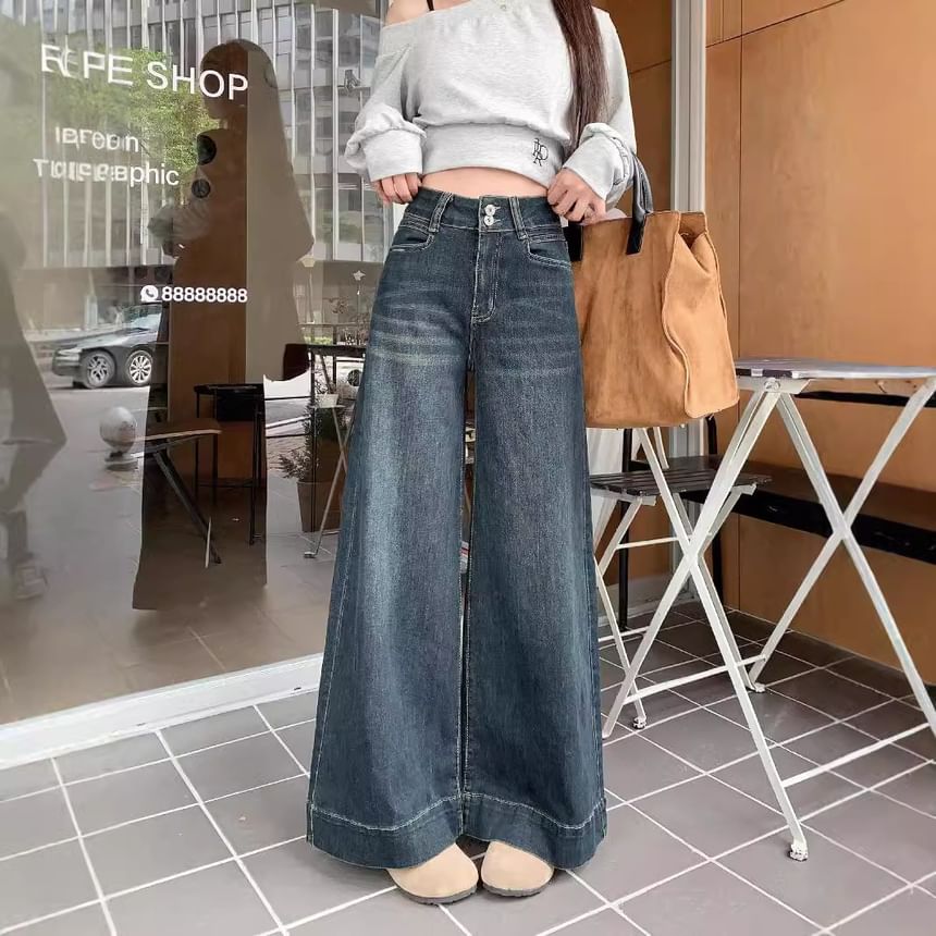 Joyciful - High Waist Washed Wide Leg Jeans