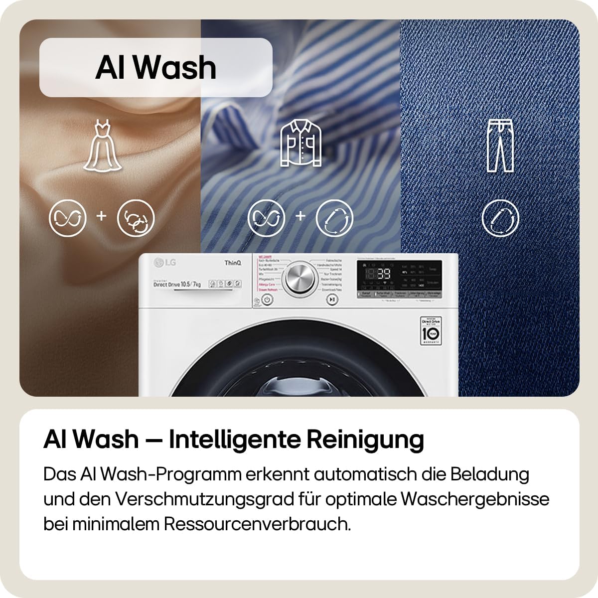 LG V7WD107H2E, Klasse E, Frontlader-Waschtrockner 10,5-7 kg, 1400 U/min, AI Direct Drive, Wi-Fi, Tiefenreinigung mit Dampf, TurboWash, Größere Kapazität, 62 x 60 x 85 cm ꟷ Weiß