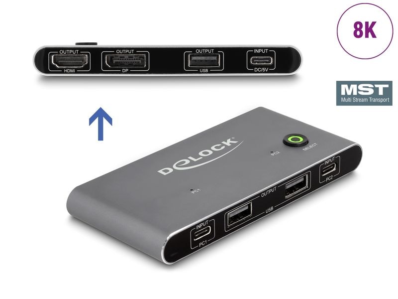 Delock KVM Switch USB-C zu HDMI und DisplayPort 8K MST mit Delock USB-C KVM Switch zu HDMI und DisplayPort 8K MST mit USB 2.0