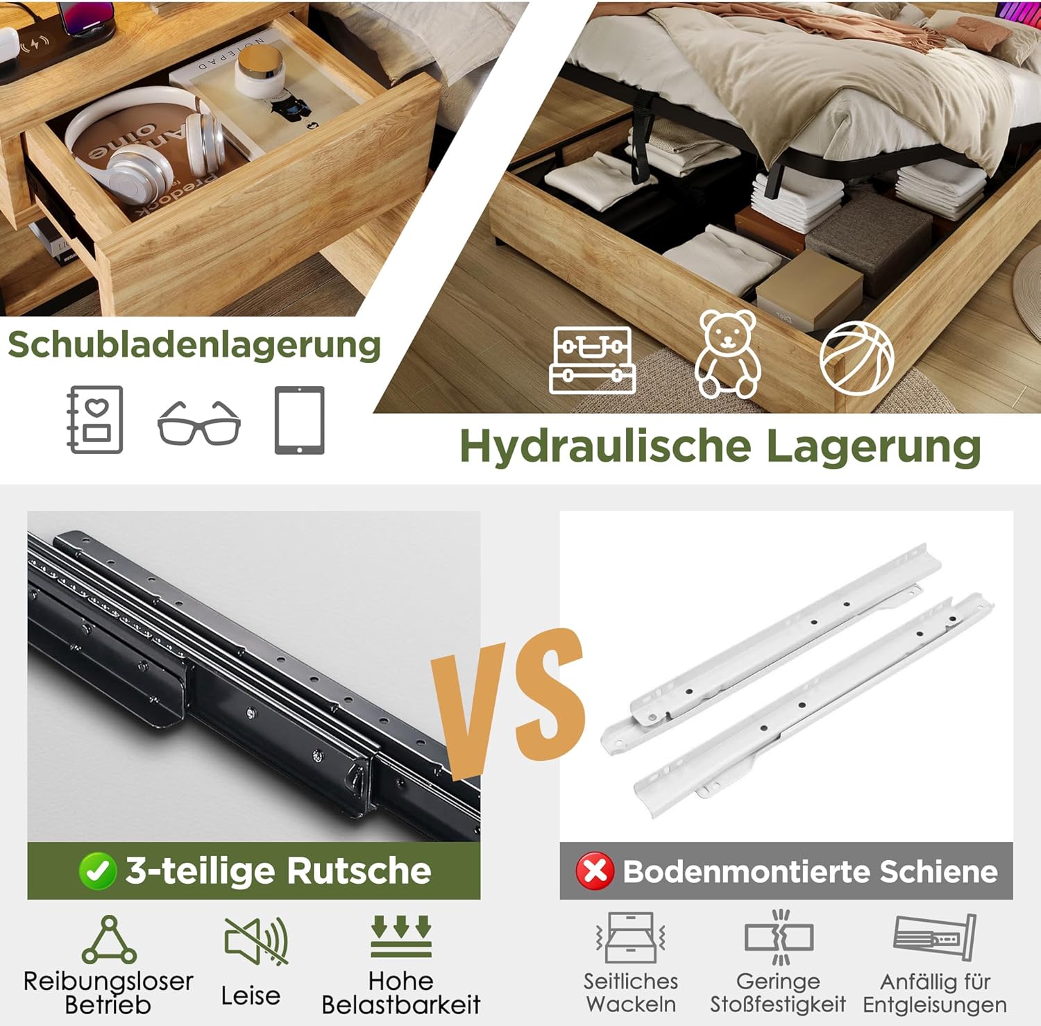 Doppelbett Bettanlage 180x200 mit Nachttisch,Stauraum Kopfteil mit Schubladen und USB Type-C-Ladefunktion,Hydraulisch Stauraumbett Holzbett Bettgestell Jugendbett Erwachsenenbett,Ohne Matratze,Eiche