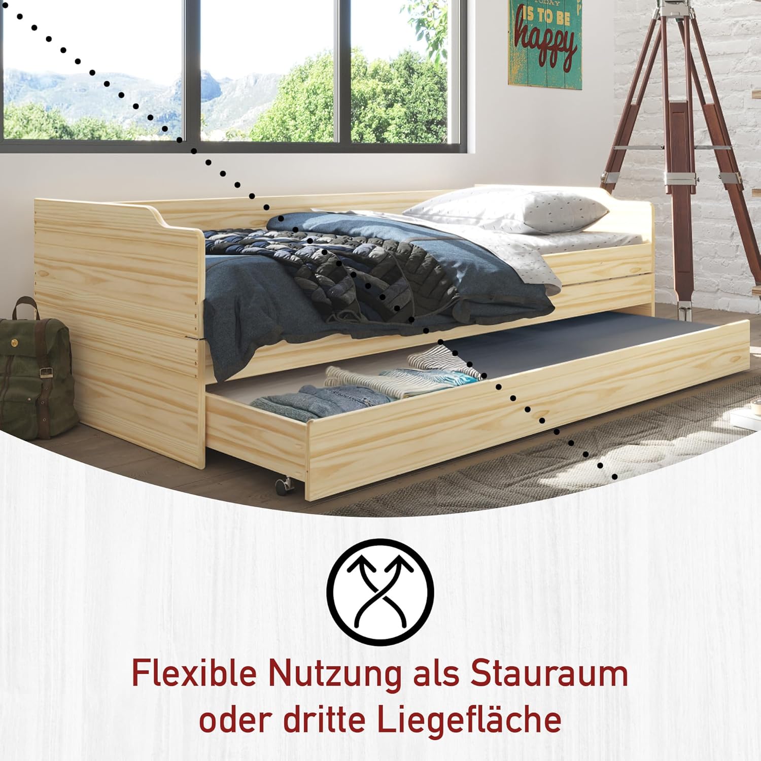 Inter Link - Funktionsbett - Stauraumbett - Bett mit Schubladen - Kiefer massivholz - Für Kinder, Jugendliche - Einzelbett - Gästebett - 2 Lattenroste - 3 Liegeflächen - Natur - Lotar - 90x200 cm