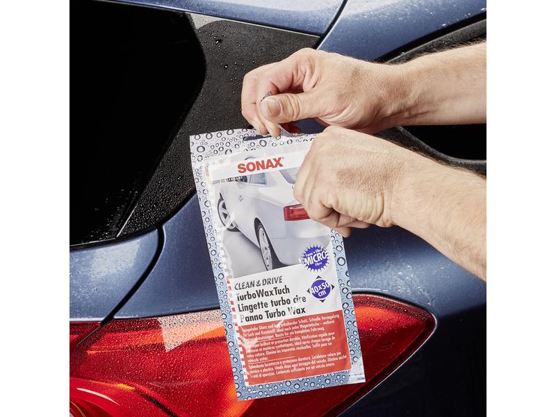 Sonax Mikrofasertuch Clean&Drive TurboWaxTuch, 40 x 50 cm Feuchtes Microfaser-Tuch zur Reinigung, Pflege und zum Schutz aller Lack-, Chrom- und Kunststoff-Oberflächen