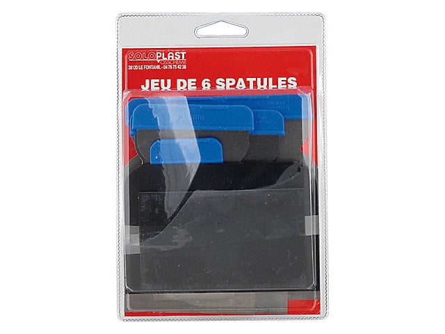 Lot de 6 spatules Soloplast bleu 4 métalliques, 1 polypropylène, 1 caoutchouc L.89/110. x l.50/120 mm