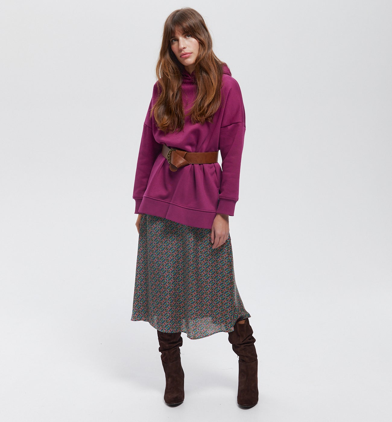 Jupe midi en satin imprimé - Imprimé vert